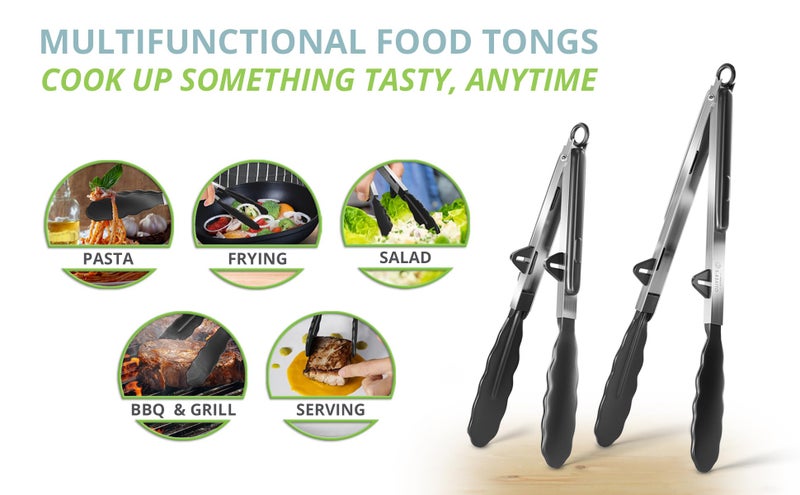 Oliver's Kitchen Â® Tongs - 2x Food Safe Silicone Cooking Tongs - Locking Clip for Easy Storage - Great for BBQ - Easy To Use & Grip Kitchen Tongs - Stylish Stainless Steel Design - Image 3